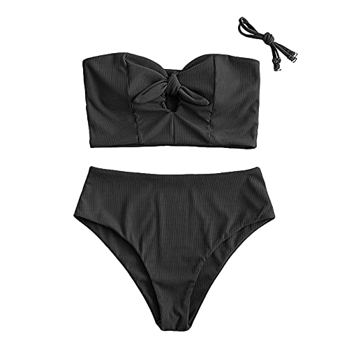 ZAFUL Ribbed Keyhole Tied High Waisted Tankini Swimsuit - Black M von ZAFUL