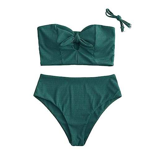 ZAFUL Ribbed Keyhole Tied High Waisted Tankini Swimsuit - Deep Green M von ZAFUL