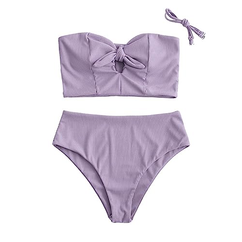 ZAFUL Ribbed Keyhole Tied High Waisted Tankini Swimsuit - Light Purple S von ZAFUL