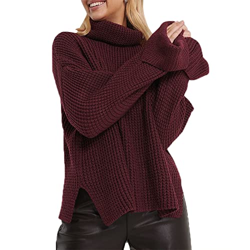 ZAFUL Rollkragenpullover Für Damen, übergroße, Lange Fledermausärmel, überlaufender Saum, Lässiges, Asymmetrisches Pullover-Strickoberteil (M,red) von ZAFUL