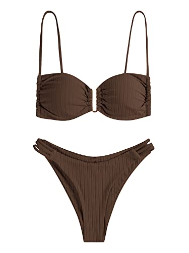 ZAFUL Ruch V-Wire Bikini-Sets für Damen, Colorblock-Träger, bauchfrei, seitlich hoch geschnitten, brasilianisch, 2-teilig, Kaffee, Large von ZAFUL