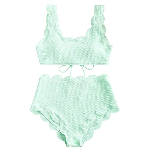 ZAFUL Scalloped High Waisted Two Piece Swimsuit High Waisted Back Lace-Up Tankini Sets Tummy Control von ZAFUL