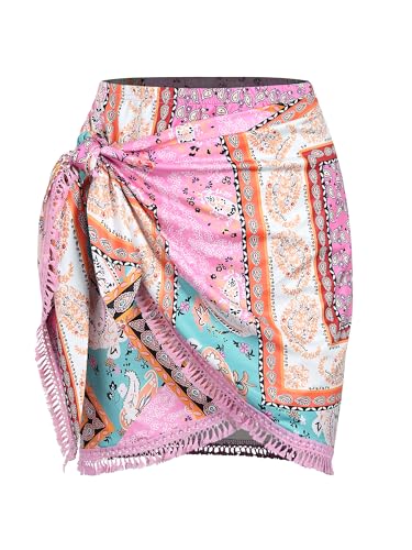 ZAFUL Schlitzrock für Damen, Boho-Print, seitliche Krawatte, Wickelrock mit Quaste, lässiger Strand-Minirock(1-Rosa, S) von ZAFUL