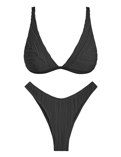 ZAFUL Sexy zweiteilige Damen-Bademode, strukturiert, dreieckig, tiefer Ausschnitt, hoher Schnitt, frecher Bikini-Set, einfarbiger Badeanzug, Schwarz, XL ZAFUL Sexy zweiteilige Damen-Bademode, strukturiert, dreieckig, tiefer Ausschnitt, hoher Schnitt, frecher Bikini-Set, einfarbiger Badeanzug, Schwarz, XL von ZAFUL