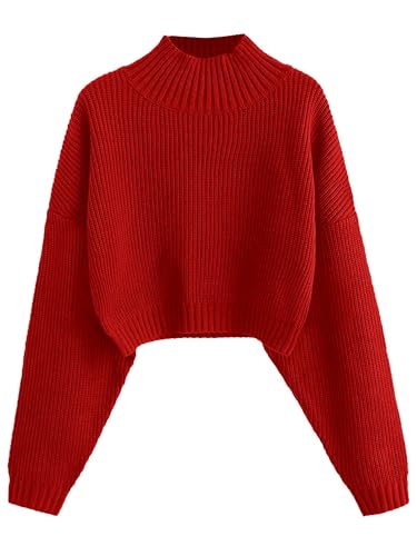 ZAFUL Strick Pullover Damen Mockneck Cropped Elegant Kurzer Bauchfreier Pulli Drop Shoulder Langarm Sweater for Herbst Winter (A-Helles Rot, M) von ZAFUL