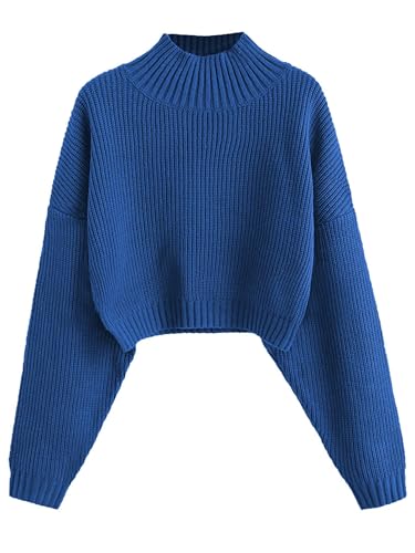ZAFUL Strick Pullover Damen Mockneck Cropped Elegant Kurzer Bauchfreier Pulli Drop Shoulder Langarm Sweater for Herbst Winter (A-Königsblau, XL) von ZAFUL