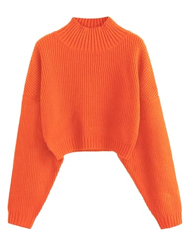 ZAFUL Strick Pullover Damen Mockneck Cropped Elegant Kurzer Bauchfreier Pulli Drop Shoulder Langarm Sweater for Herbst Winter (A-Orange, S) von ZAFUL