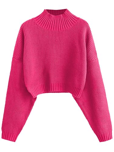 ZAFUL Strick Pullover Damen Mockneck Cropped Elegant Kurzer Bauchfreier Pulli Drop Shoulder Langarm Sweater for Herbst Winter (A-Rosarot, M) von ZAFUL