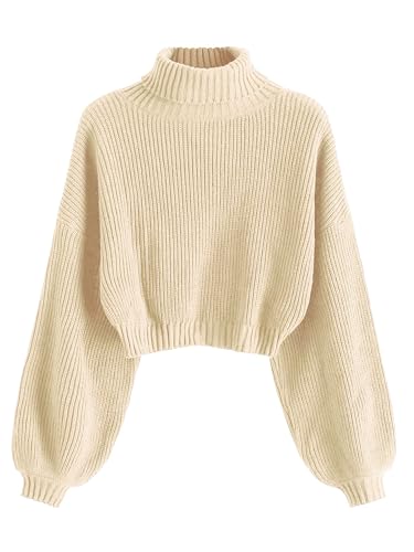 ZAFUL Strick Pullover Damen Rollkragen Cropped Elegant Langarm Laternen ärmel Drop Shoulder Kurzer Pulli Turtleneck Sweater for Herbst Winter (1-Aprikosenweiß,L) von ZAFUL