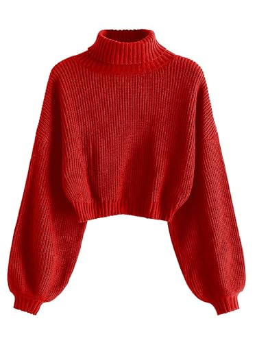 ZAFUL Strick Pullover Damen Rollkragen Cropped Elegant Langarm Laternen ärmel Drop Shoulder Kurzer Pulli Turtleneck Sweater for Herbst Winter (1-Helles Rot,M) von ZAFUL