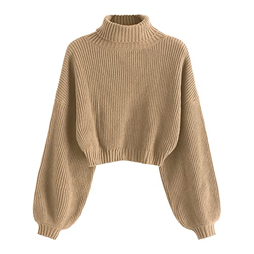 ZAFUL Strick Pullover Damen Rollkragen Cropped Elegant Langarm Laternen ärmel Drop Shoulder Kurzer Pulli Turtleneck Sweater for Herbst Winter (1-Kamelbraun,S) von ZAFUL