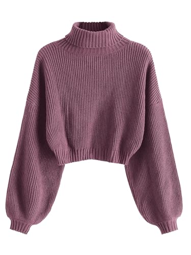 ZAFUL Strick Pullover Damen Rollkragen Cropped Elegant Langarm Laternen ärmel Drop Shoulder Kurzer Pulli Turtleneck Sweater for Herbst Winter (1-Lila,M) von ZAFUL