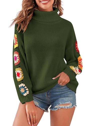 ZAFUL Strick Pullover Damen Rollkragen mit Häkeln Blume Elegant Pulli Langarm Drop Shoulder Turtleneck Sweater für Herbst Winter (3-Olivgrün,S) von ZAFUL