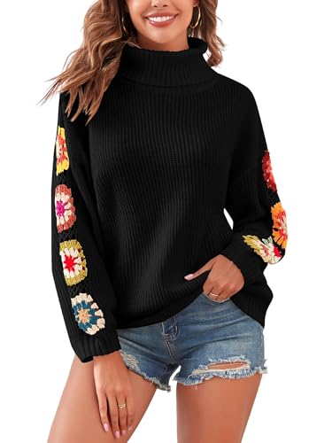 ZAFUL Strick Pullover Damen Rollkragen mit Häkeln Blume Elegant Pulli Langarm Drop Shoulder Turtleneck Sweater für Herbst Winter (3-Schwarz,S) von ZAFUL