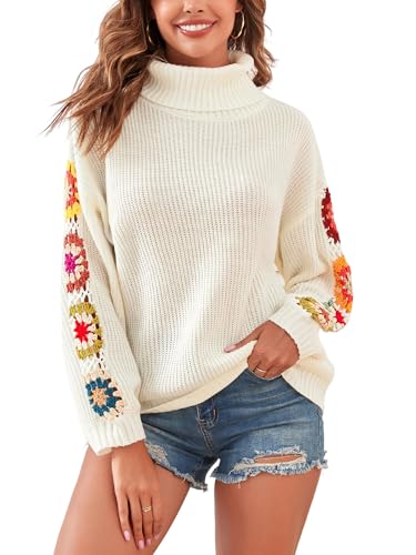 ZAFUL Strick Pullover Damen Rollkragen mit Häkeln Blume Elegant Pulli Langarm Drop Shoulder Turtleneck Sweater für Herbst Winter (3-Weiß,XL) von ZAFUL