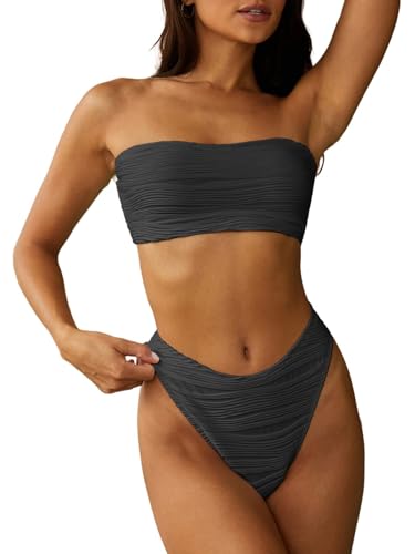 ZAFUL Strukturiertes, hoch geschnittenes Bandeau-Bikini-Set mit Schnürung am Rücken, Gepolstert Zwei Stück Niedrige Taille Badeanzug-Badebekleidung für Damen (1-Dunkelgrau,M) von ZAFUL