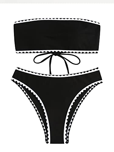 ZAFUL Strukturiertes, hoch geschnittenes Bandeau-Bikini-Set mit Schnürung am Rücken, Gepolstert Zwei Stück Niedrige Taille Badeanzug-Badebekleidung für Damen (3-Schwarz,XL) von ZAFUL