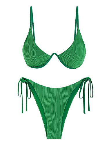 ZAFUL Strukturiertes Bügel-Bikini-Set für Damen, V-Ausschnitt, hoch geschnitten, Badebekleidung, seitlich gebunden, gerippt, sexy Badeanzüge von ZAFUL