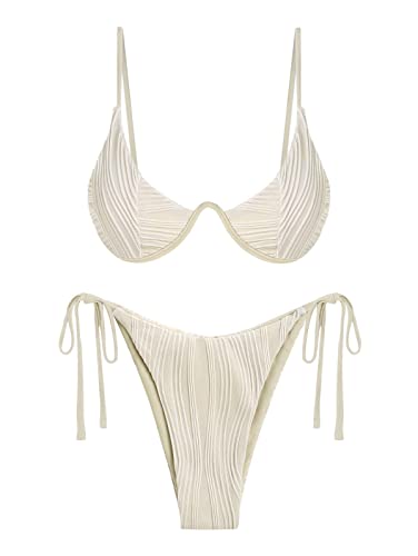 ZAFUL Strukturiertes Bügel-Bikini-Set für Damen, V-Ausschnitt, hoch geschnitten, Badebekleidung, seitlich gebunden, gerippt, sexy Badeanzüge von ZAFUL