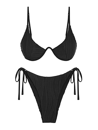 ZAFUL Strukturiertes Bügel-Bikini-Set für Damen, V-Ausschnitt, hoch geschnitten, Badebekleidung, seitlich gebunden, gerippt, sexy Badeanzüge von ZAFUL