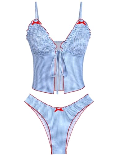 ZAFUL Tankini-Badeanzüge für Damen, gesmokt, Rüschen, vorne zu binden, Schleife, strukturiert, hoch geschnittenes Tanga-Tankini-Set (1-Himmelblau, M) von ZAFUL