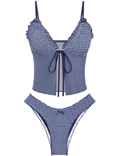 ZAFUL Tankini-Badeanzüge für Damen, gesmokt, Rüschen, vorne zu binden, Schleife, strukturiert, hoch geschnittenes Tanga-Tankini-Set (1-Mitternachtsblau, M) von ZAFUL