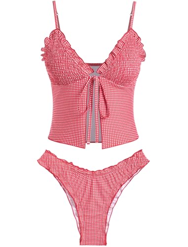 ZAFUL Tankini-Badeanzüge für Damen, gesmokt, Rüschen, vorne zu binden, Schleife, strukturiert, hoch geschnittenes Tanga-Tankini-Set (1-Rot, S) von ZAFUL