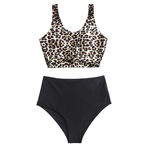 ZAFUL Zweiteiliger verknotet Tankini Beachwear Set, einfarbiger gepolsterter Badeanzug mit Schulterträger & Badehose mit Tropisches Blattmuster für Damen (Leopardenmuster, M) von ZAFUL