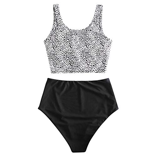 ZAFUL Zweiteiliger verknotet Tankini Beachwear Set, einfarbiger gepolsterter Badeanzug mit Schulterträger & Badehose mit Tropisches Blattmuster für Damen (Wellenpunkt, XXL) von ZAFUL