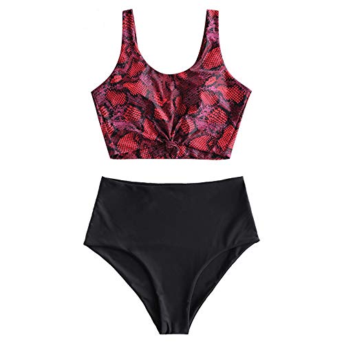 ZAFUL Tankini Bademode Set, Zweiteiliger Tankini-Badeanzug mit gepolstert verknotet Oberteil/hoher Taille/Mischen & Anpassen Tierdruck Beachwear für Damen (Schlangenmuster, M) von ZAFUL