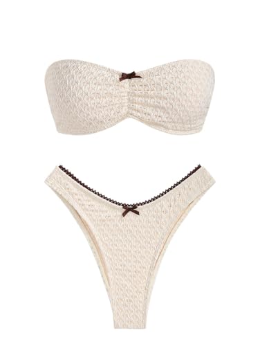 ZAFUL Trägerloser Bikini für Damen, durchbrochenes strukturiertes Schleifendekor, gerüschter Bandeau-Badeanzug mit Schnürung (1-Beige, XL) von ZAFUL