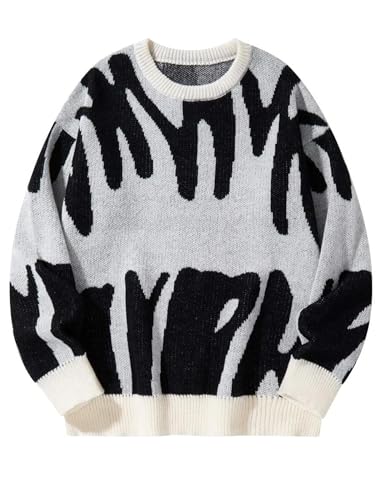 ZAFUL Übergroßer Herren-Pullover, langärmelig, Rundhalsausschnitt, Y2K-Grafik, Farbblock, lässiger Strickpullover, 1-schwarz weiß, XX-Large von ZAFUL