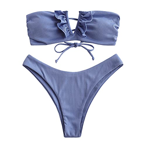 ZAFUL V-Verdrahtet Gerippt Fest Hoher Schnitt Bandeau Bikini Set Gepolstert Zwei Stücke Badeanzug Bademode für Damen (C-Blau,S) von ZAFUL