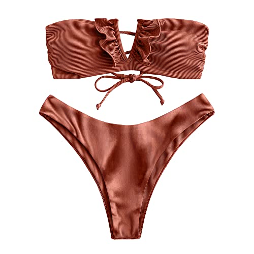 ZAFUL V-Verdrahtet Gerippt Fest Hoher Schnitt Bandeau Bikini Set Gepolstert Zwei Stücke Badeanzug Bademode für Damen (C-Braun,S) von ZAFUL