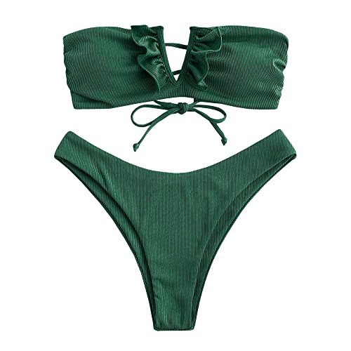 ZAFUL V-Verdrahtet Gerippt Fest Hoher Schnitt Bandeau Bikini Set Gepolstert Zwei Stücke Badeanzug Bademode für Damen (C-Dunkelgrün,M) von ZAFUL