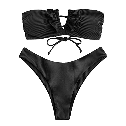ZAFUL V-Verdrahtet Gerippt Fest Hoher Schnitt Bandeau Bikini Set Gepolstert Zwei Stücke Badeanzug Bademode für Damen (C-Schwarz,S) von ZAFUL