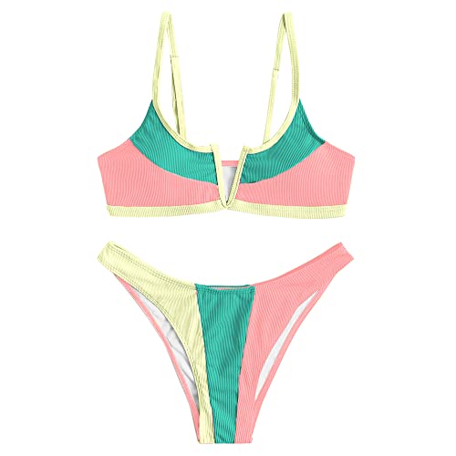 ZAFUL V Wired Ribbed Color Block Cami High Cut Bikini Set Padded Two Pieces Swimsuit Swimwear for Women (E-Color Block-2,L) von ZAFUL