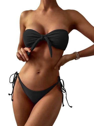 ZAFUL Verknotet Tie-Side Bandeau-Bikini-Set Gepolstert Zwei Stück Niedrige Taille Scrunch-Hintern Badeanzug Bademode für Damen (3-Schwarz,S) von ZAFUL