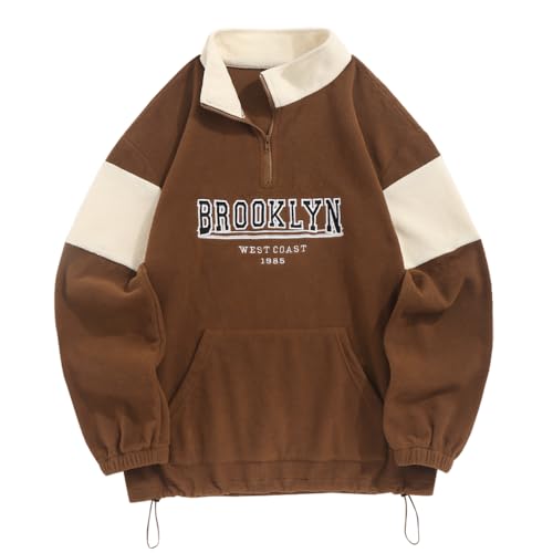 ZAFUL Viertel Zip Farbblock Polar Vlies Fleece Sweatshirt Herren Vintage Brief Stickerei Langarm für Herbst Winter (5-Tiefer Kaffee,S) von ZAFUL