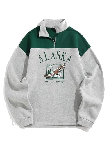 ZAFUL Viertel Zip Farbblock Vlies Fleece Sweatshirt Herren Vintage Grafik Brief Gedruckt Schulter absetzen Langarm für Herbst Winter (4-Hellgrau,S) von ZAFUL