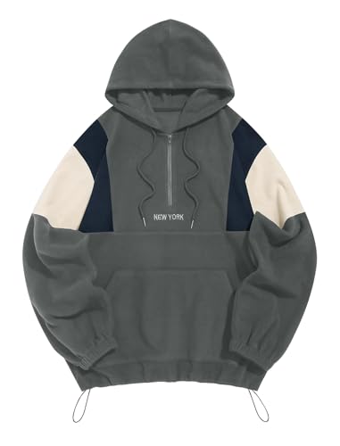 ZAFUL Vintage Farbblock Flauschig Polar Fleece Hoodie Herren Briefstickerei Halber Reißverschluss Schulter absetzen Langarm für Herbst Winter Frühling (6-Grau+Marineblau,L) von ZAFUL