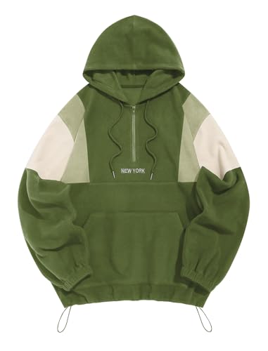 ZAFUL Vintage Farbblock Flauschig Polar Fleece Hoodie Herren Briefstickerei Halber Reißverschluss Schulter absetzen Langarm für Herbst Winter Frühling (6-Grün+Hellgrün,L) von ZAFUL