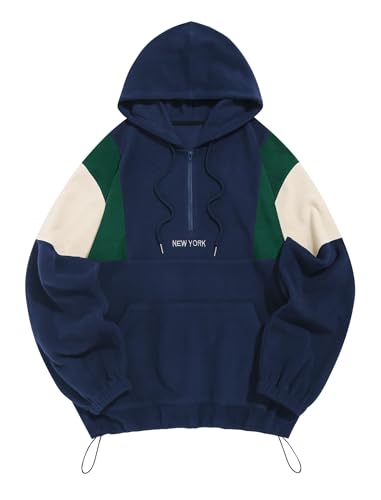 ZAFUL Vintage Farbblock Flauschig Polar Fleece Hoodie Herren Briefstickerei Halber Reißverschluss Schulter absetzen Langarm für Herbst Winter Frühling (6-Marineblau+Grün,M) von ZAFUL
