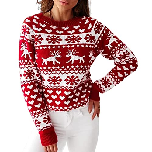 ZAFUL Women's Christmas Snowflake Reindeer Knitted Sweater Long Sleeve Crew Neck Heart Animal Print Pullover Knitwear von ZAFUL