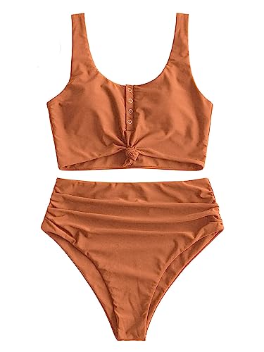 ZAFUL High Waist Bauchweg Bikini Set Kippschalter Verknotet Gepolstert Zwei Stück Gerafft Tankini Badeanzug Bademode für Damen (Leichter Kaffee,M) von ZAFUL