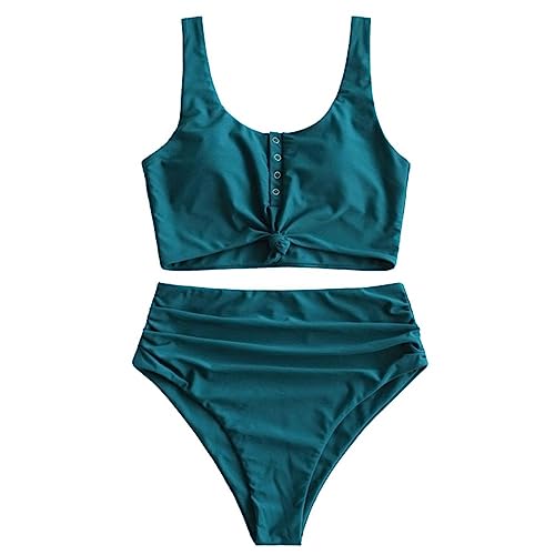 ZAFUL High Waist Bauchweg Bikini Set Kippschalter Verknotet Gepolstert Zwei Stück Gerafft Tankini Badeanzug Bademode für Damen (Pfauengrün,M) von ZAFUL