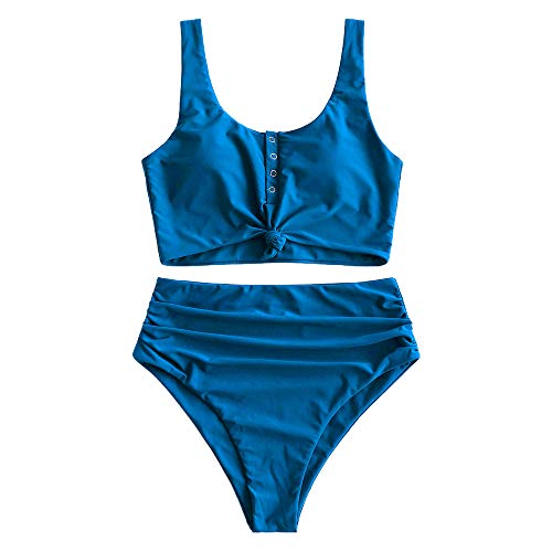 ZAFUL High Waist Bauchweg Bikini Set Kippschalter Verknotet Gepolstert Zwei Stück Gerafft Tankini Badeanzug Bademode für Damen (Blau,S) von ZAFUL