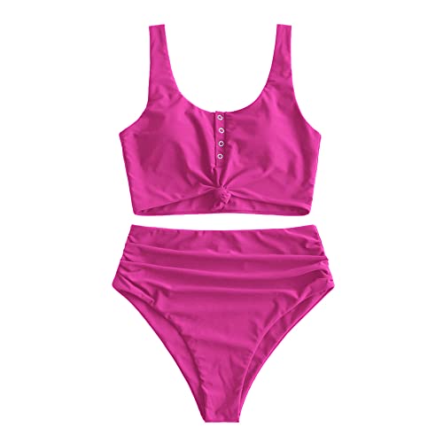 ZAFUL High Waist Bauchweg Bikini Set Kippschalter Verknotet Gepolstert Zwei Stück Gerafft Tankini Badeanzug Bademode für Damen (Heißes Rosa,M) von ZAFUL