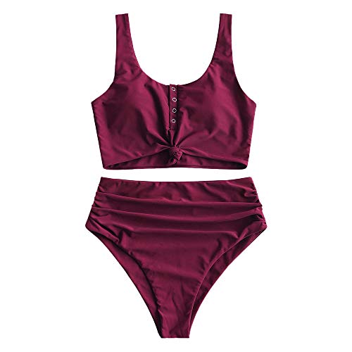 ZAFUL High Waist Bauchweg Bikini Set Kippschalter Verknotet Gepolstert Zwei Stück Gerafft Tankini Badeanzug Bademode für Damen (Tiefrot,L) von ZAFUL