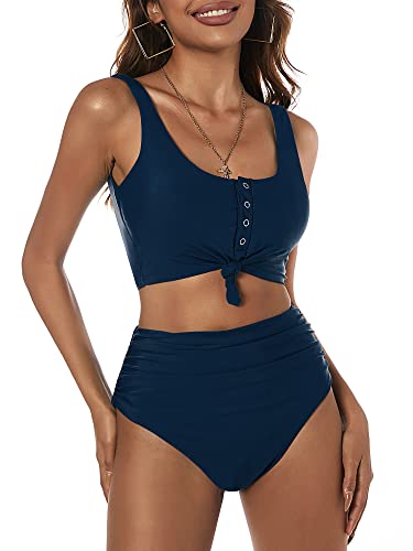 ZAFUL High Waist Bauchweg Bikini Set Kippschalter Verknotet Gepolstert Zwei Stück Gerafft Tankini Badeanzug Bademode für Damen (Navy blau,2XL) von ZAFUL